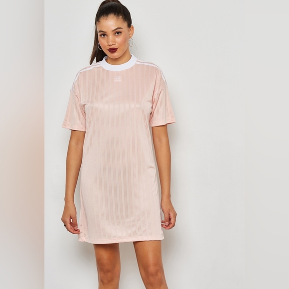 adidas Dresses & Skirts - Adidas Originals Trefoil Pink White Striped Tshirt Dress Women's Size Large L